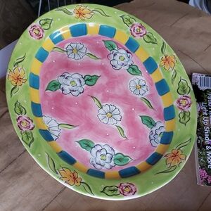 Floral Ceramic Platter with Pink and Green Accents